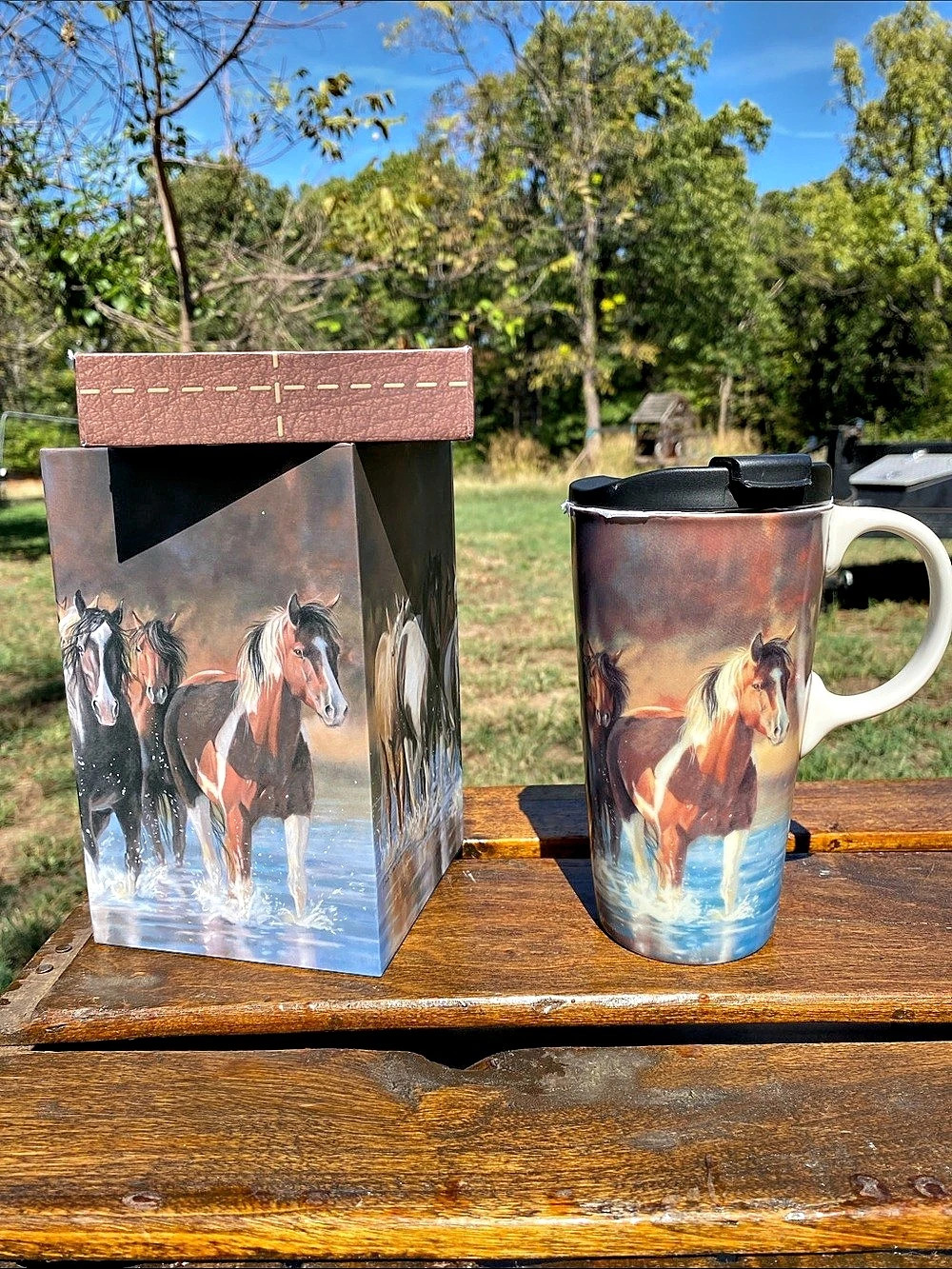 Evergreen "The Perfect Cup" 17 oz Ceramic Travel Mug - Rush Hour Horses
